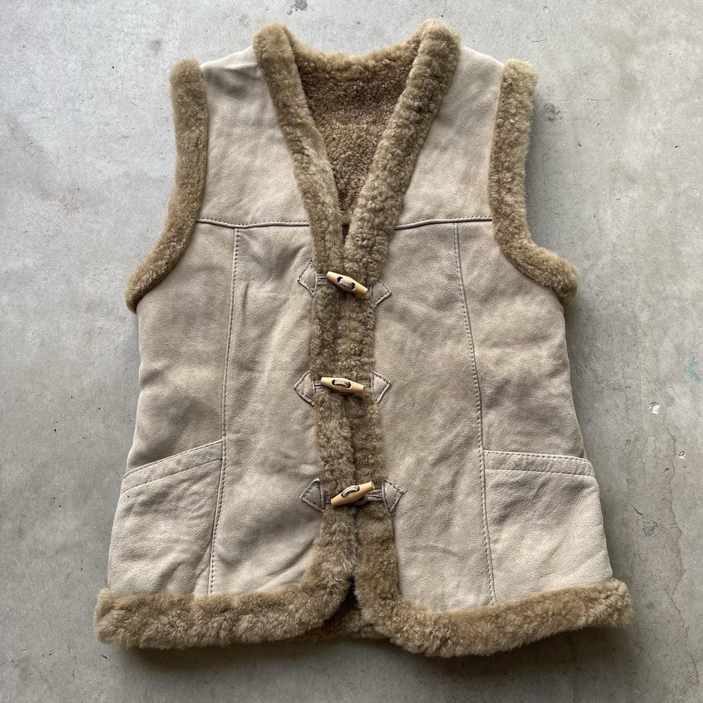 VTG Sheepskin Shearling Vest Brown Cowboy Marlboro Western Ranch Size S/M USA